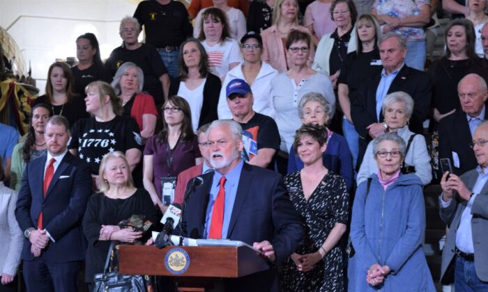 Sam Faddis of Unite PA speaks about organization efforts to ensure election integrity in the capital rotunda in Harrisburg, Pa., on May 11, 2022. (Beth Brelje/The Epoch Times)