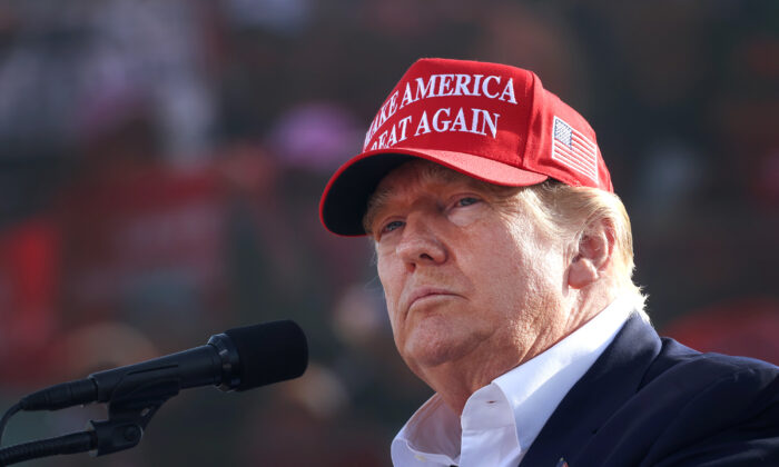 Former President Donald Trump speaks to supporters during a rally at the I-80 Speedway in Greenwood, Neb., on May 1, 2022. (Scott Olson/Getty Images)