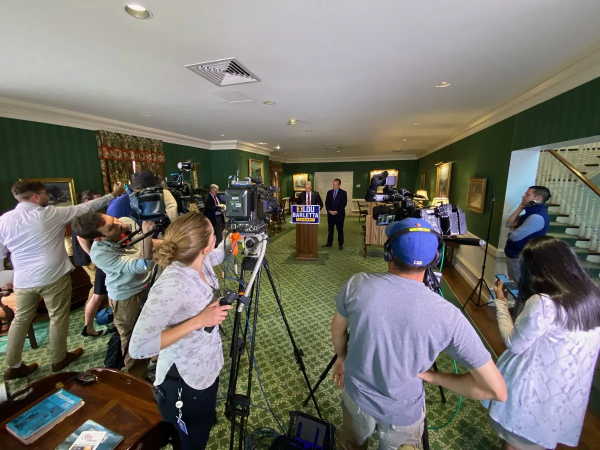 GOP gubernatorial candidate Lou Barletta speaks at the Pennsylvania Manufacturers Association in Harrisburg, Pennsylvania where candidate Jake Corman announced he is dropping out of the race and endorsing Barletta on May, 12, 2022. (Courtesy Barletta campaign)