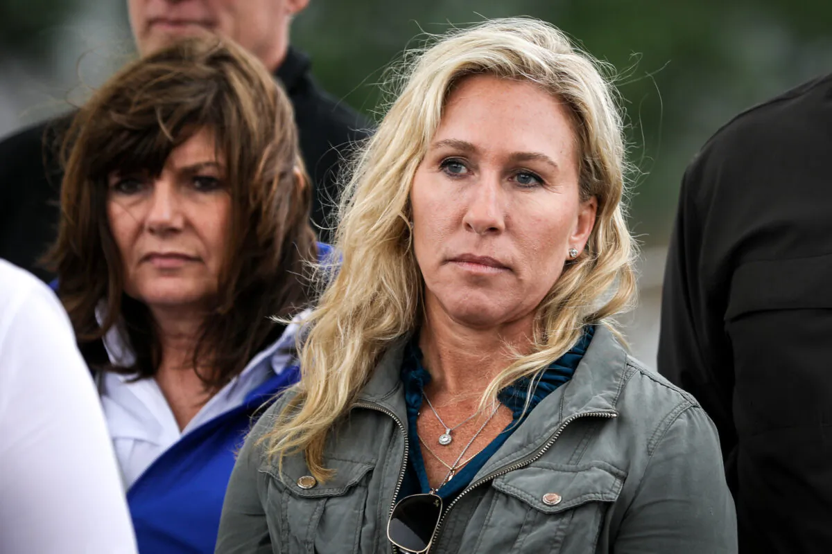 Rep. Marjorie Taylor Greene (R-Ga.) joins a Republican congressional delegation at the southern border in Eagle Pass, Texas, on April 25, 2022. (Charlotte Cuthbertson/The Epoch Times)