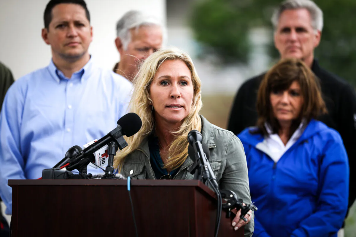 Rep. Marjorie Taylor Greene (R-Ga.) joins a Republican congressional delegation at the southern border in Eagle Pass, Texas, on April 25, 2022. (Charlotte Cuthbertson/The Epoch Times)