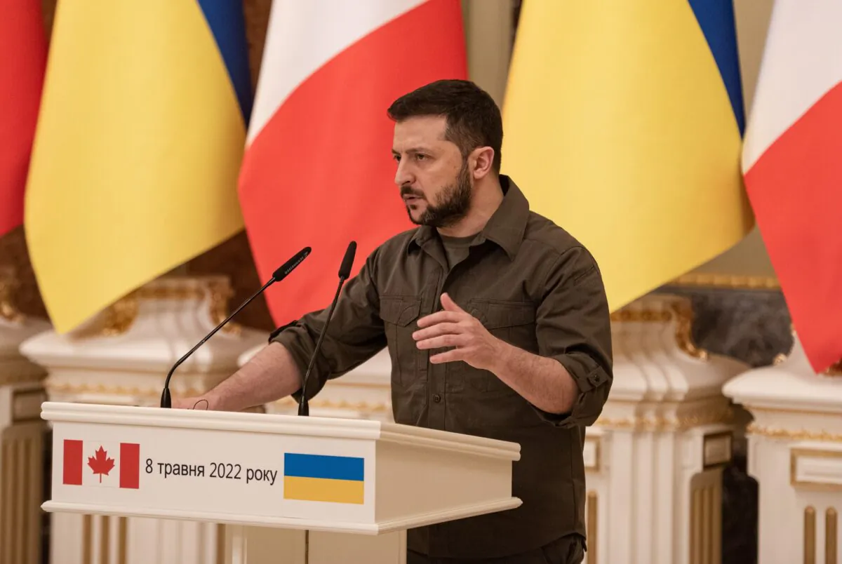 Ukrainian President Volodymyr Zelenskyy speaks at a news conference held jointly with Canadian Prime Minister Justin Trudeau in Kyiv, Ukraine, on May 8, 2022. (Alexey Furman/Getty Images)