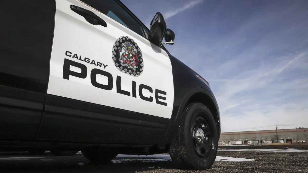 Police vehicles at Calgary Police Service headquarters on April 9, 2020. (The Canadian Press/Jeff McIntosh)