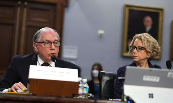 Dr. Lawrence Tabak, acting director of the National Institutes of Health, (L), and fellow NIH official Diana Bianchi testify on Capitol Hill in Washington on May 11, 2022. (Alex Wong/Getty Images)