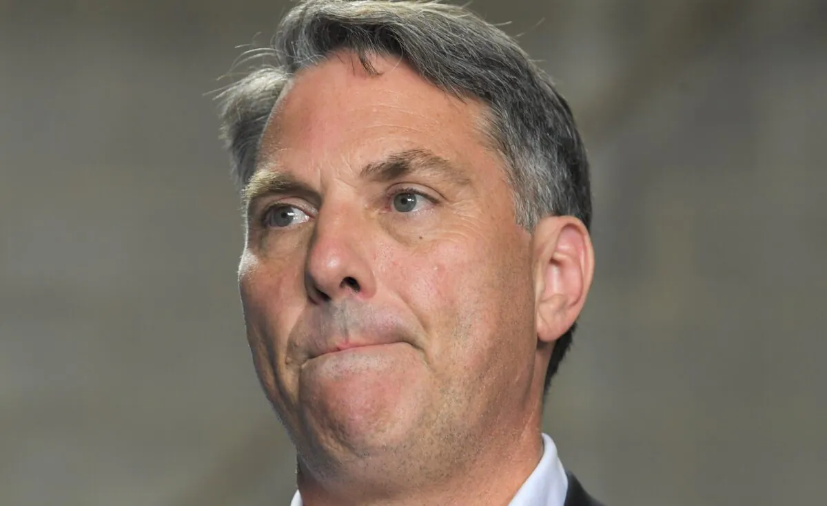 Australian Deputy Opposition Leader Richard Marles speaks during a press conference while visiting Munster Mechanical on Day 13 of the 2022 federal election campaign in Slacks Creek in Brisbane, Australia on April 23, 2022. (AAP Image/Lukas Coch) 