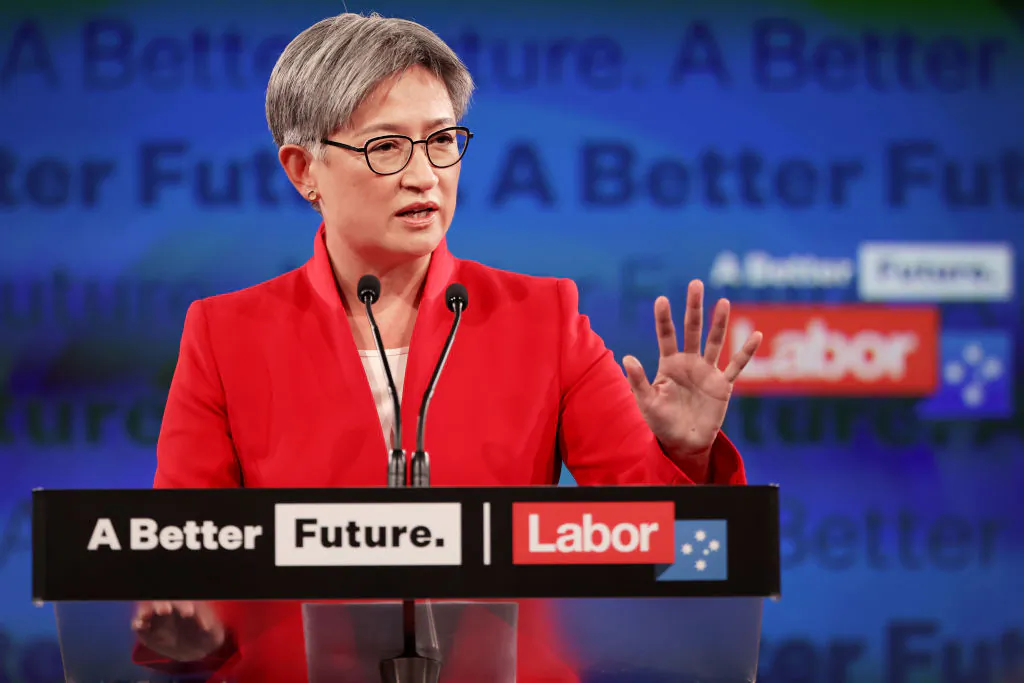 Foreign Affairs Minister Penny Wong speaks during the Labor Party election campaign launch at Optus Stadium in Perth, Australia, on May 1, 2022. (Paul Kane/Getty Images)