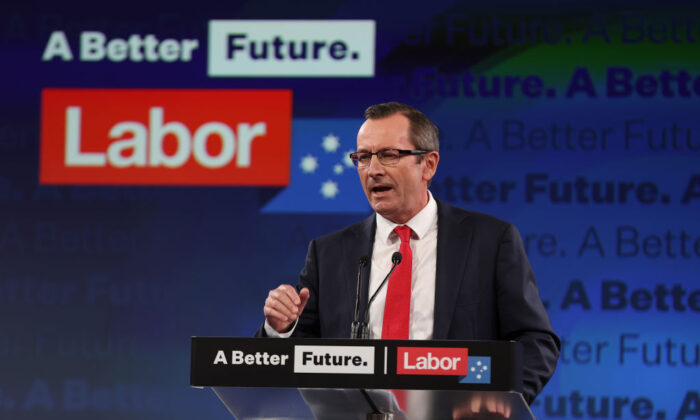 Premier of Western Australia Mark McGowan speaks during the Labor Party election campaign launch at Optus Stadium in Perth, Australia, on May 1, 2022. (Paul Kane/Getty Images)