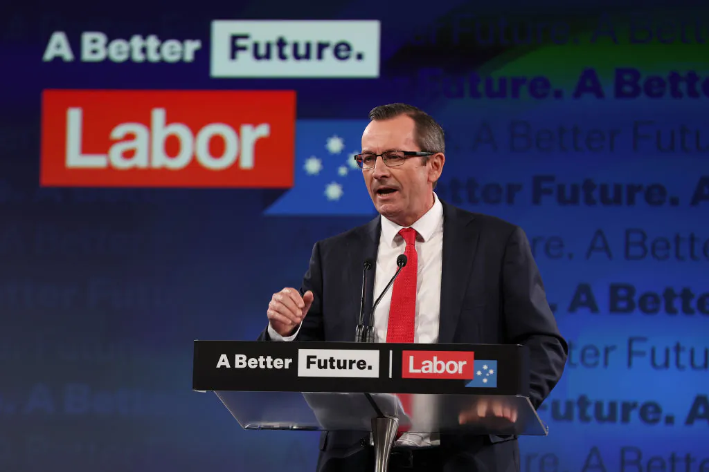 Premier of Western Australia Mark McGowan speaks during the Labor Party election campaign launch at Optus Stadium in Perth, Australia, on May 1, 2022. (Paul Kane/Getty Images)