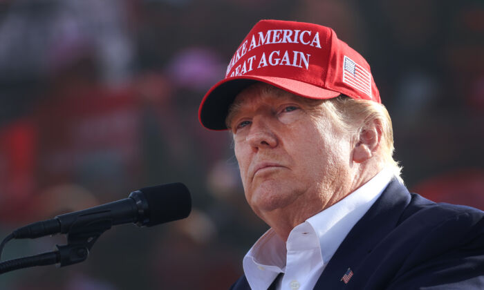 Former President Donald Trump speaks to supporters during a rally at the I-80 Speedway in Greenwood, Neb., on May 1, 2022. (Scott Olson/Getty Images)