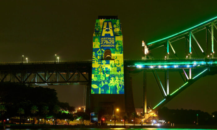 The Sydney Harbour Bridge is lit in support of Rugby Australia's 2027 & 2029 Rugby World Cup Bids, in Sydney, Australia on May 12, 2022. (Photo by Brett Hemmings/Getty Images for Rugby Australia)