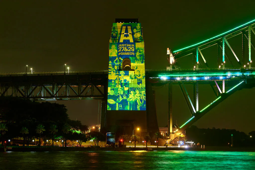 The Sydney Harbour Bridge is lit in support of Rugby Australia's 2027 & 2029 Rugby World Cup Bids, in Sydney, Australia on May 12, 2022. (Photo by Brett Hemmings/Getty Images for Rugby Australia)