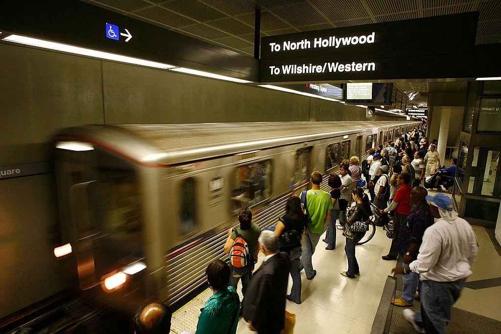 Passengers wait for Metro Rail subway trains during rush hour in Los Angeles on June 3, 2008. (David McNew/Getty Images)