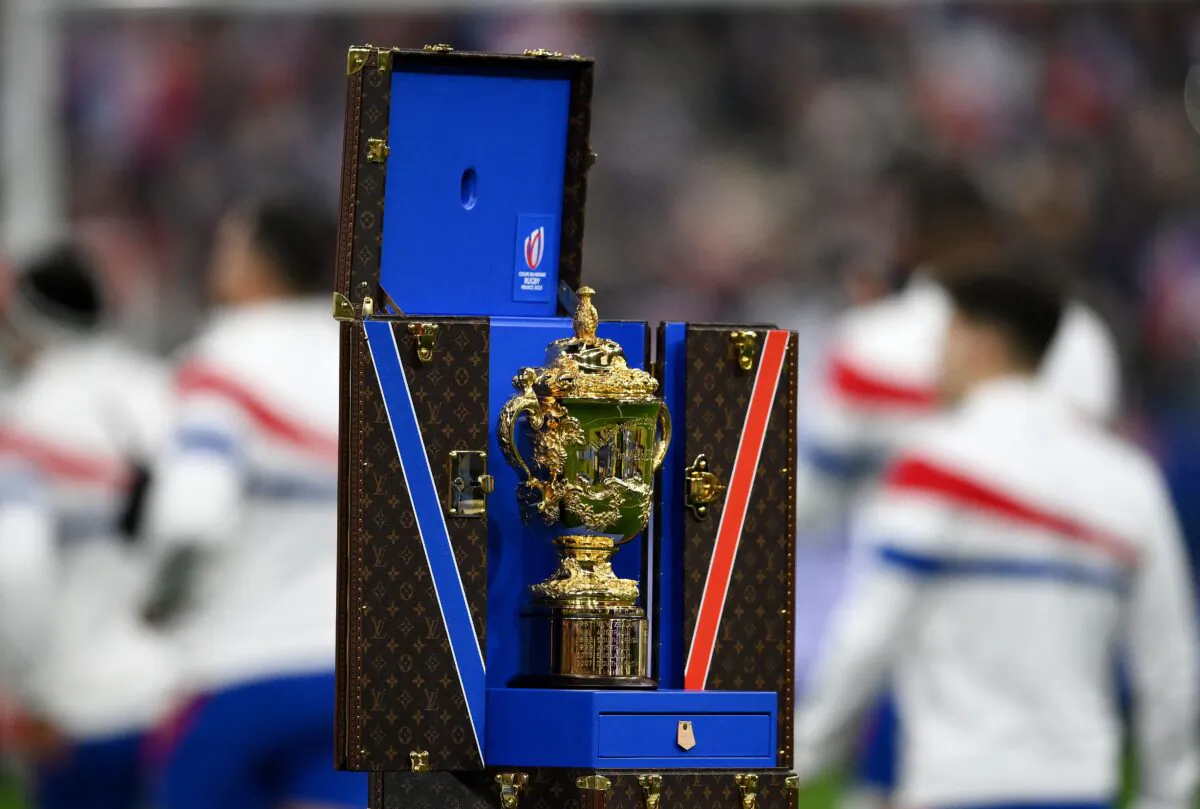 The Rugby World Cup Webb Ellis trophy is pictured before the Autumn Nations Series rugby union match between France and New Zealand at the Stade de France in Saint-Denis, near Paris, on Nov. 20, 2021. (Franck Fife/AFP via Getty Images)