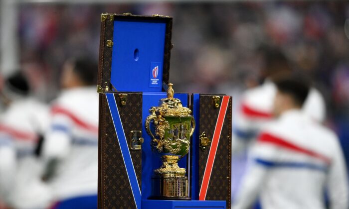 The Rugby World Cup Webb Ellis trophy is pictured before the Autumn Nations Series rugby union match between France and New Zealand at the Stade de France in Saint-Denis, near Paris, on Nov. 20, 2021. (Franck Fife/AFP via Getty Images)
