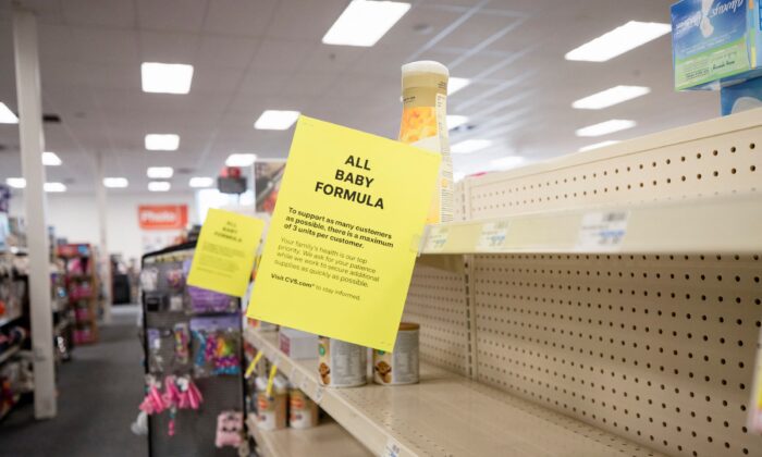 Empty shelves show a shortage of baby formula at a CVS store in San Antonio, Texas, on May 10, 2022. (Kaylee Greenlee Beal/Reuters)