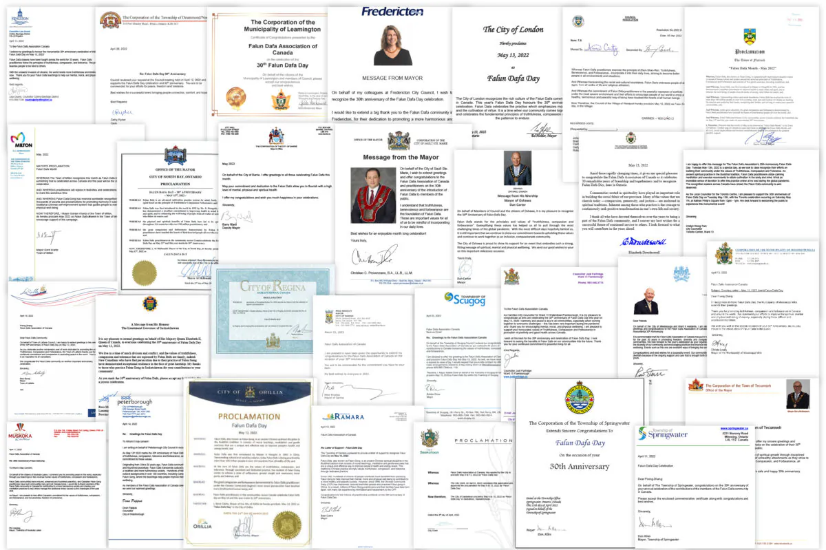 Some of the greeting letters and proclamations from over 100 officials sent in celebration of the 30th anniversary of Falun Dafa. (The Epoch Times)
