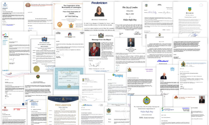 Some of the greeting letters and proclamations from over 100 officials sent in celebration of the 30th anniversary of Falun Dafa. (The Epoch Times)