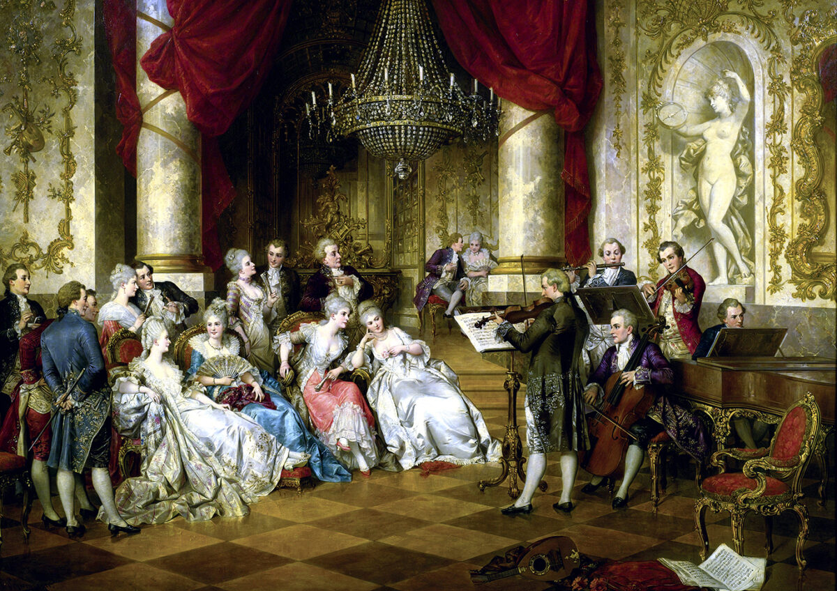 "The Concert," by Carl Schweninger the Younger. Oil on canvas; 43.8 inches by 60 inches. (PD-US)