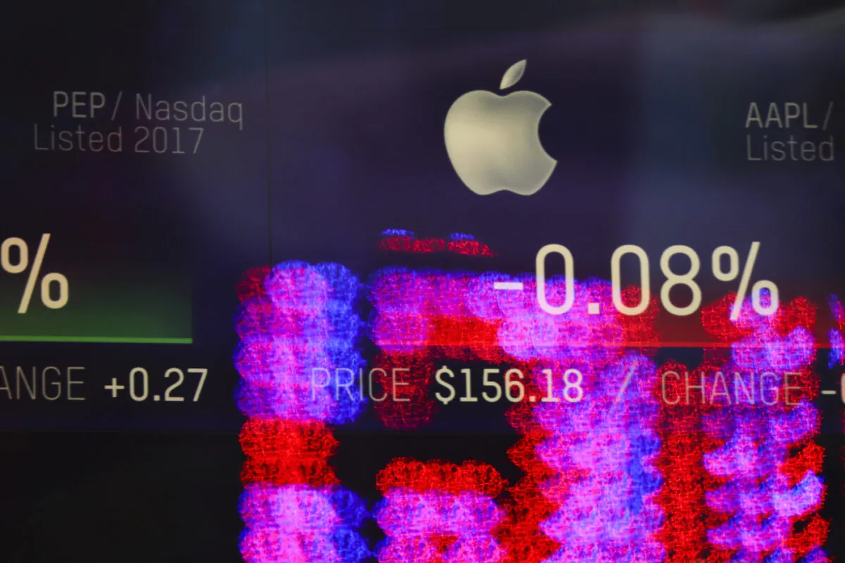 A file image of stock numbers for Apple displayed on a screen at the Nasdaq MarketSite in Times Square in New York City, on Jan. 29, 2019. (Drew Angerer/Getty Images)