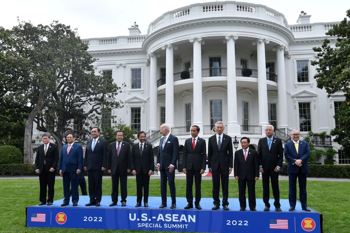 U.S. President Joe Biden (C) and leaders from the Association of Southeast Asian Nations (ASEAN) pose for a group photo on the South Lawn of the White House in Washington, D.C., on May 12, 2022. (Nicholas Kamm/AFP via Getty Images)