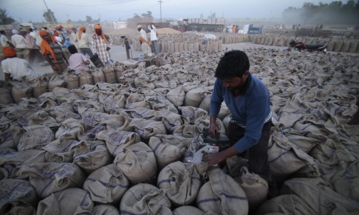 A worker seals sacks filled with wheat in Gurdaspur, India, on April 30, 2014. (Channi Anand, File/AP Photo)