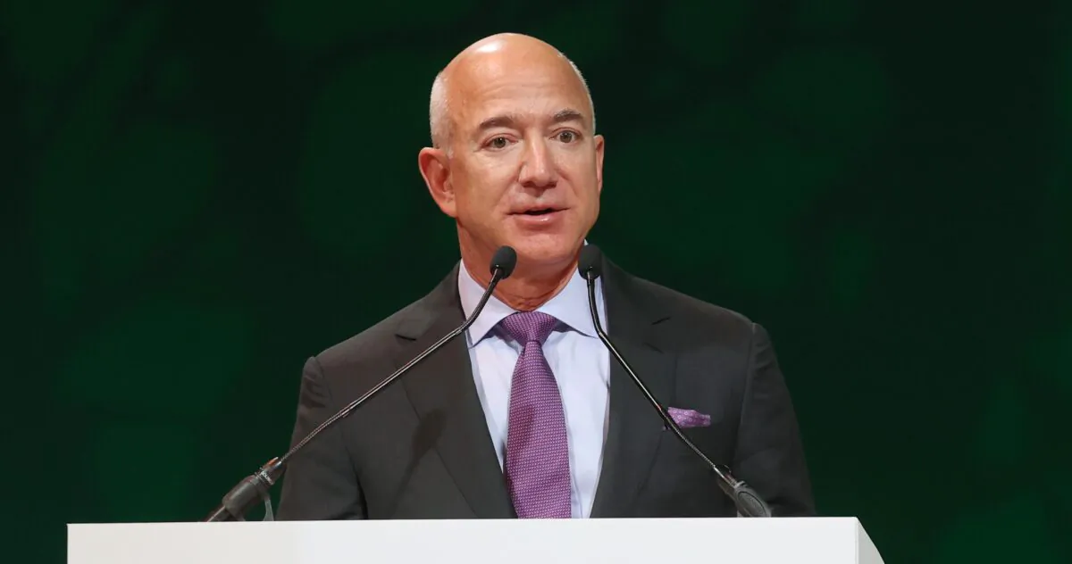 Jeff Bezos speaks during an Action on Forests and Land Use event on day three of COP26 in Glasgow, Scotland, on Nov. 2, 2021. (Chris Jackson/Getty Images)