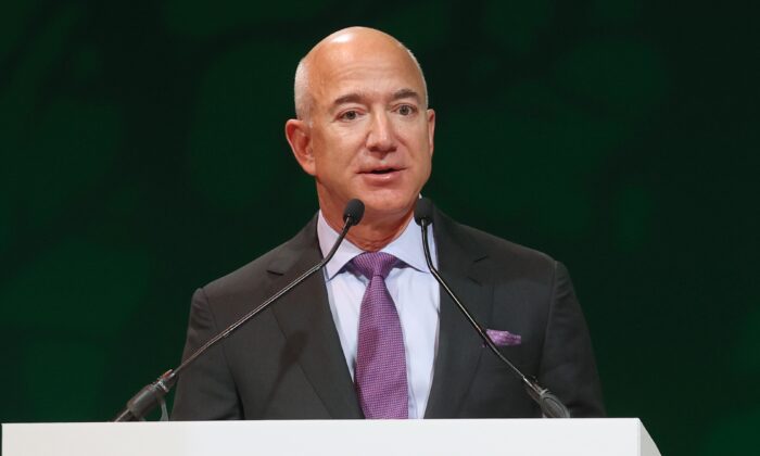 Jeff Bezos speaks during an Action connected  Forests and Land Use lawsuit   connected  time  3  of COP26 successful  Glasgow, Scotland, connected  Nov. 2, 2021. (Chris Jackson/Getty Images)