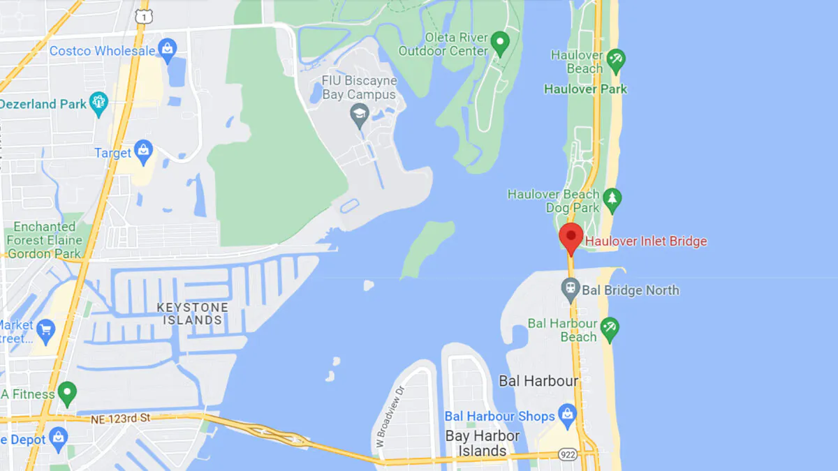 This google map images shows the location where a plane crashed on Haulover Bridge and hit a car, on May 14, 2022. (Google Maps/Screenshot via The Epoch Times)