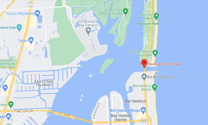 This google map images shows the location where a plane crashed on Haulover Bridge and hit a car, on May 14, 2022. (Google Maps/Screenshot via The Epoch Times)