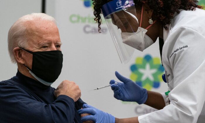 Joe Biden, the president-elect, gets a COVID-19 vaccination at a healthcare facility in Newark, Del., on Dec. 21, 2020. (Alex Edelman/AFP via Getty Images)