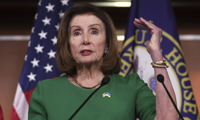 House Speaker Nancy Pelosi (D-Calif.) speaks with reporters in Washington on May 12, 2022. (Win McNamee/Getty Images)