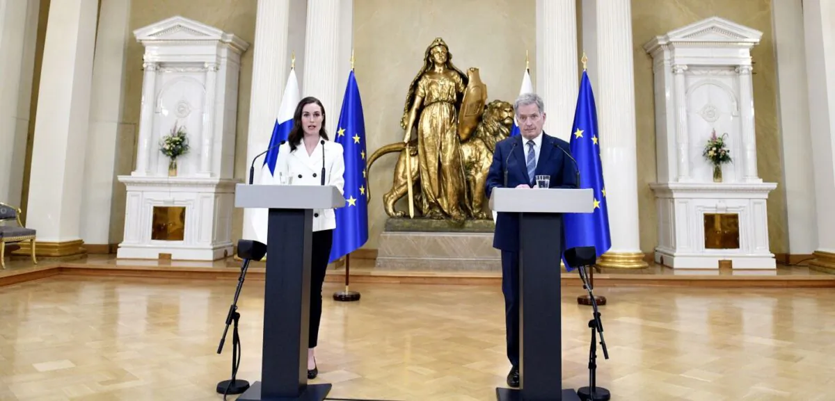 Finland's Prime Minister Sanna Marin (L) and Finland's President Sauli Niinistö give a press conference to announce that Finland will apply for NATO membership at the Presidential Palace in Helsinki, Finland, on May 15, 2022. (Heikki Saukkomaa/Lehtikuva/AFP via Getty Images)