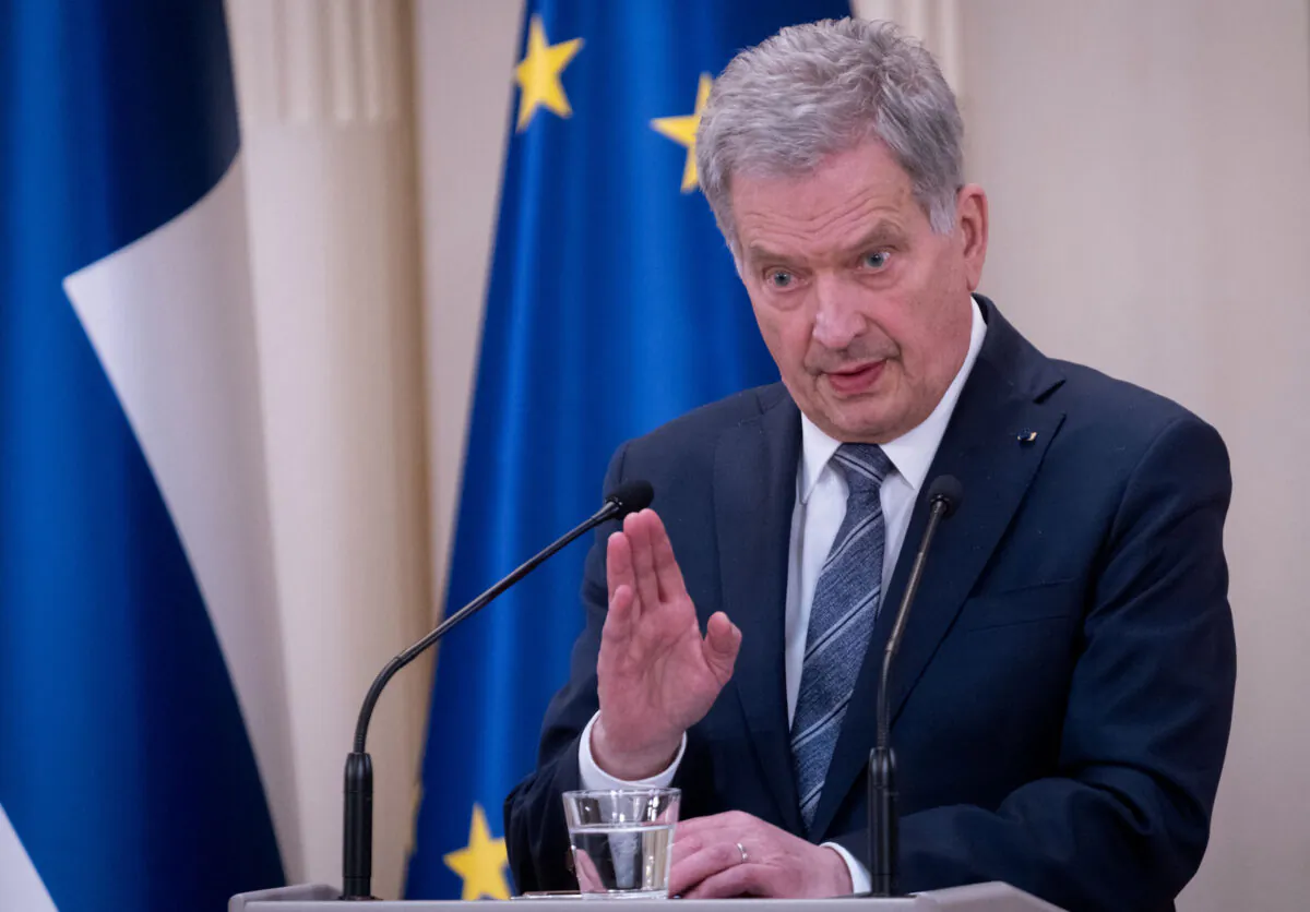 Finland's President Sauli Niinistö gives a press conference to announce that Finland will apply for NATO membership at the Presidential Palace in Helsinki, Finland, on May 15, 2022. (Alessandro Rampazzo/AFP via Getty Images)