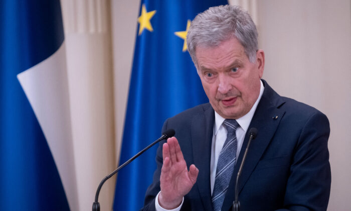 Finland's President Sauli Niinistö gives a press conference to announce that Finland will apply for NATO membership at the Presidential Palace in Helsinki, Finland, on May 15, 2022. (Alessandro Rampazzo/AFP via Getty Images)