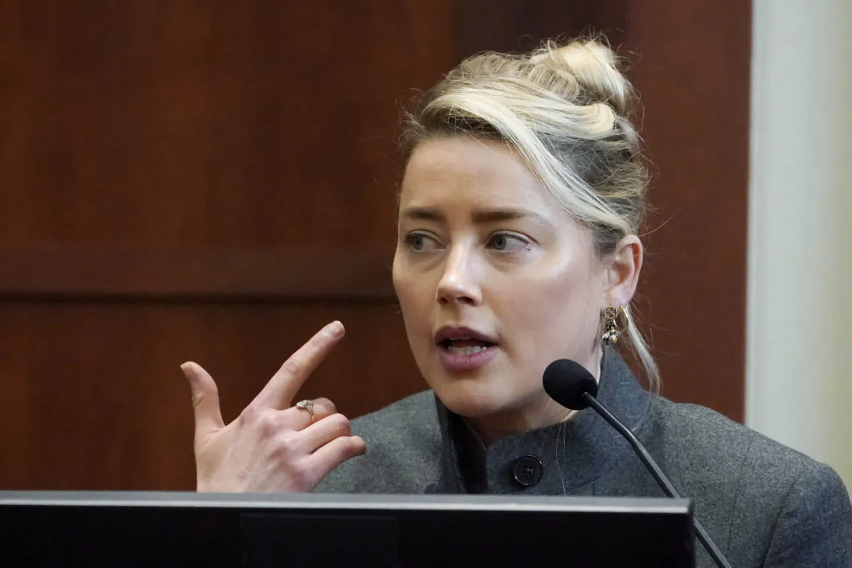 Actress Amber Heard testifies in the courtroom at the Fairfax County Circuit Courthouse in Fairfax, Va., on May 16, 2022. (Steve Helber/Pool via AP Photo)