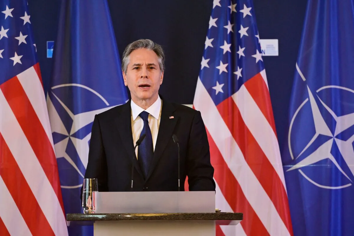 Secretary of State Antony Blinken addresses a press conference after the informal meeting of NATO Foreign Ministers on the conflict in Ukraine, in Berlin, on May 15, 2022. (John MacDougall/AFP via Getty Images)