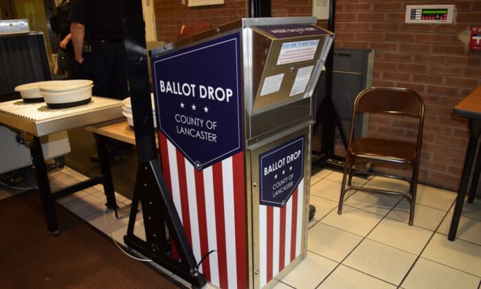 Ballot drop box before it was removed from the Lancaster County building in Penn. on May 16, 2022. (Beth Brelje/The Epoch Times)  