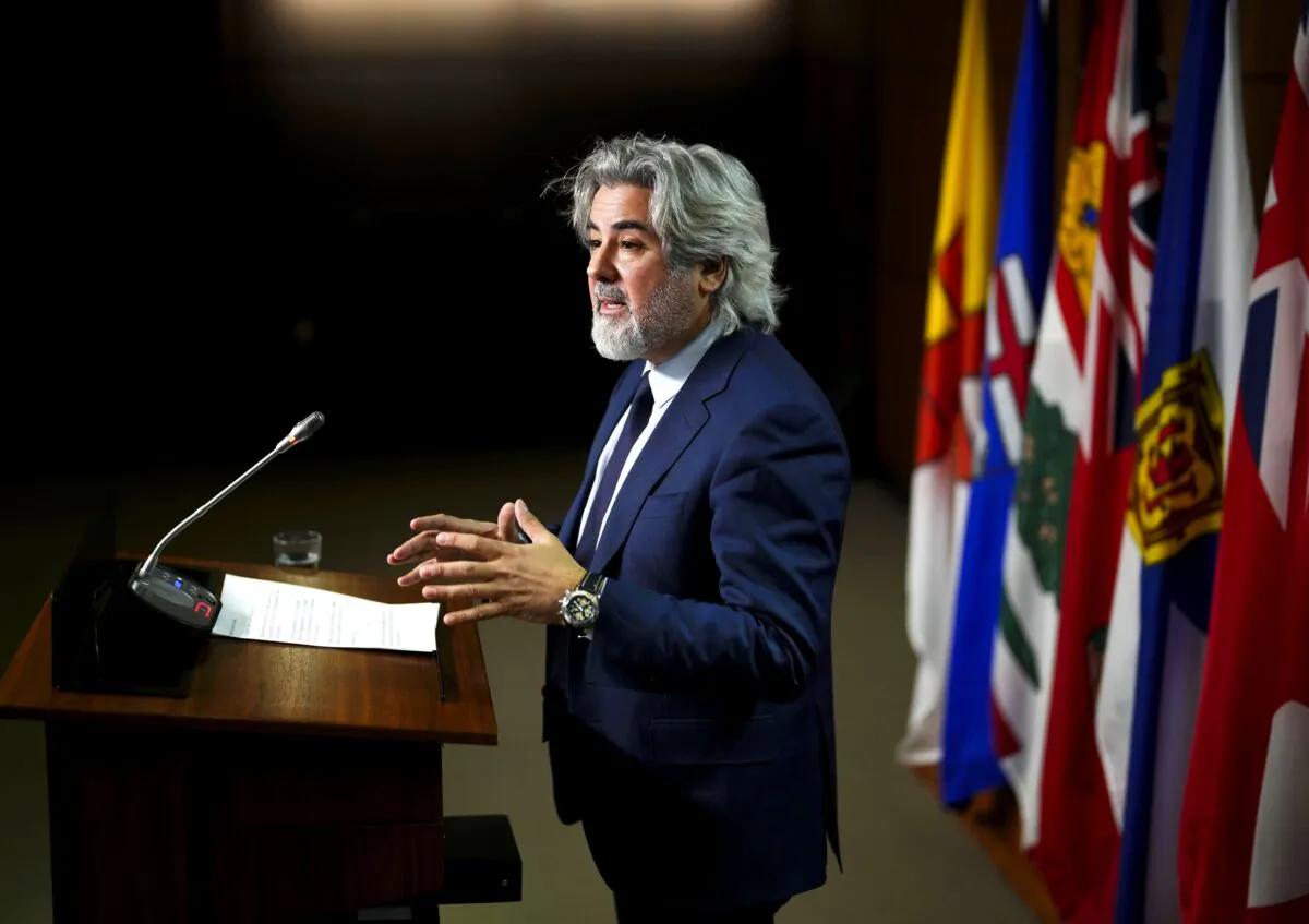 Canadian Heritage Minister Pablo Rodriguez holds a press conference regarding the introduction of the Online News Act, on Parliament Hill in Ottawa on April 5, 2022. (The Canadian Press/Sean Kilpatrick)