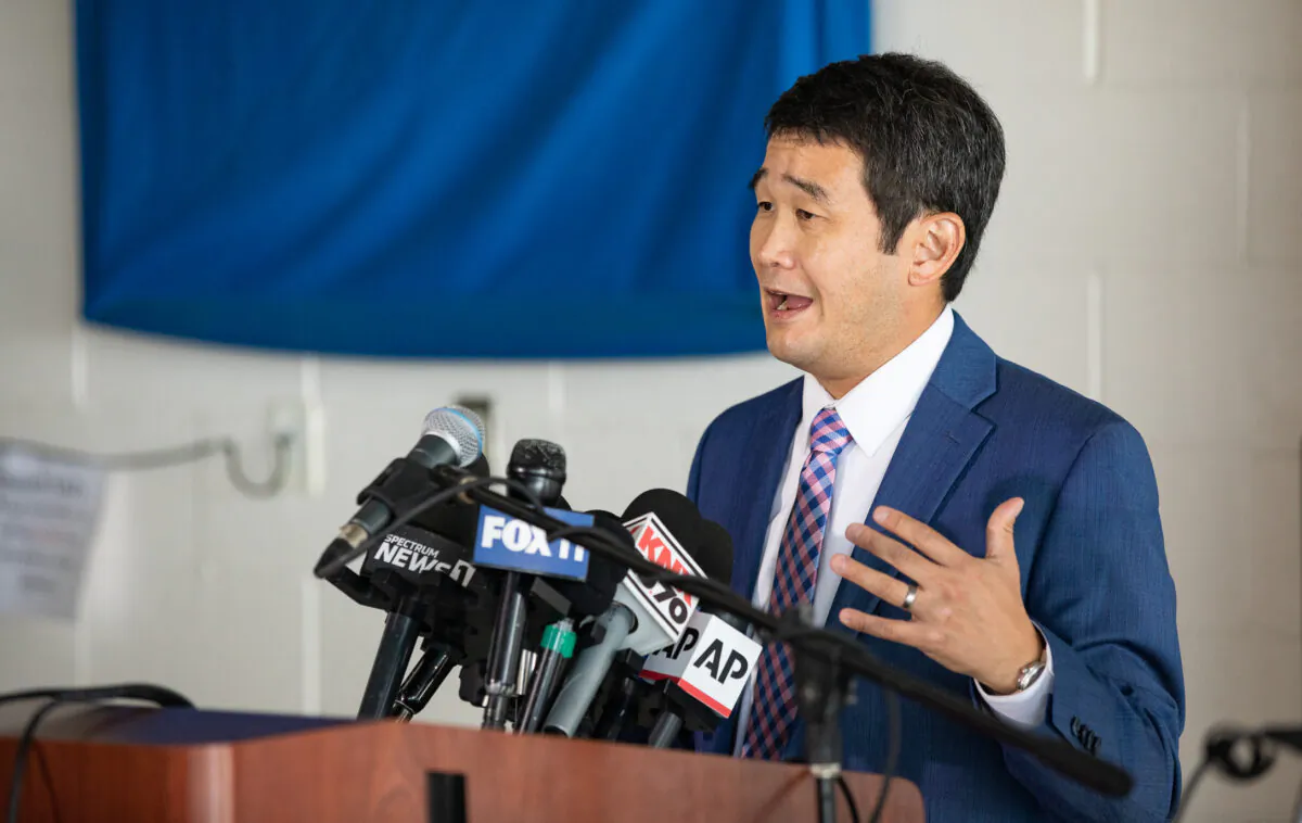 State Sen. Dave Min (D-Irvine) speaks at a press conference in Huntington Beach, Calif., on Oct. 6, 2021. (John Fredricks/The Epoch Times)