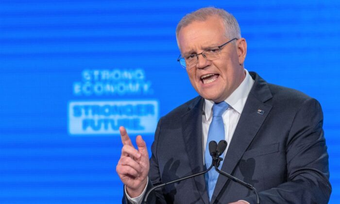 BRISBANE, AUSTRALIA - MAY 15: Australian Prime Minister Scott Morrison speaks to the crowd at the Liberal Party election campaign launch on May 15, 2022 in Brisbane, Australia. The Australian federal election will be held on Saturday 21 May. (Photo by Asanka Ratnayake/Getty Images)