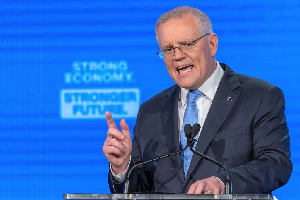 BRISBANE, AUSTRALIA - MAY 15: Australian Prime Minister Scott Morrison speaks to the crowd at the Liberal Party election campaign launch on May 15, 2022 in Brisbane, Australia. The Australian federal election will be held on Saturday 21 May. (Photo by Asanka Ratnayake/Getty Images)