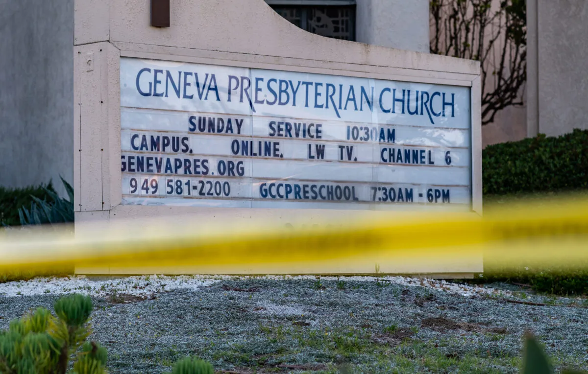 Law enforcement officials respond to a shooting at Geneva Presbyterian Church in Laguna Woods, Calif., on May 15, 2022. (John Fredricks/The Epoch Times)