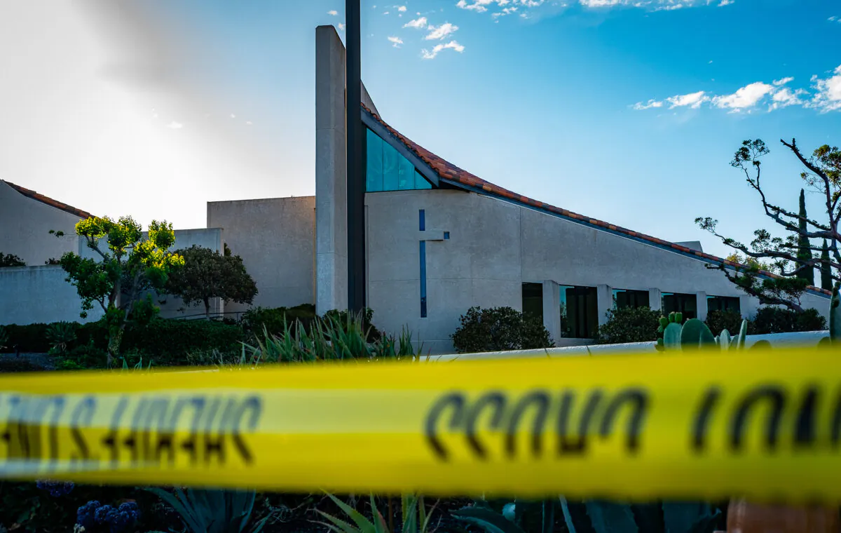 Law enforcement officials respond to a shooting at Geneva Presbyterian Church in Laguna Woods, Calif., on May 15, 2022. (John Fredricks/The Epoch Times)
