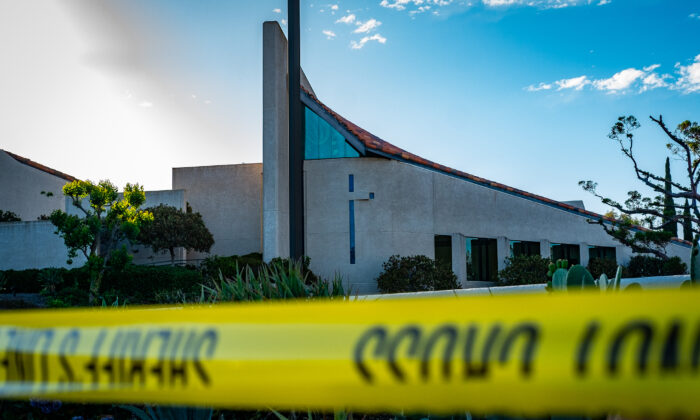 Law enforcement officials respond to a shooting at Geneva Presbyterian Church in Laguna Woods, Calif., on May 15, 2022. (John Fredricks/The Epoch Times)