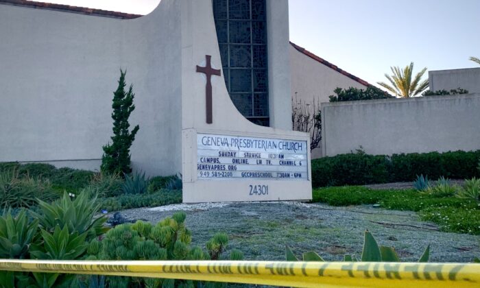 Police tape at Geneva Presbyterian Church after a shooting left one dead and five injured in Laguna Woods, Calif., on May 15, 2022. (John Fredricks/The Epoch Times)