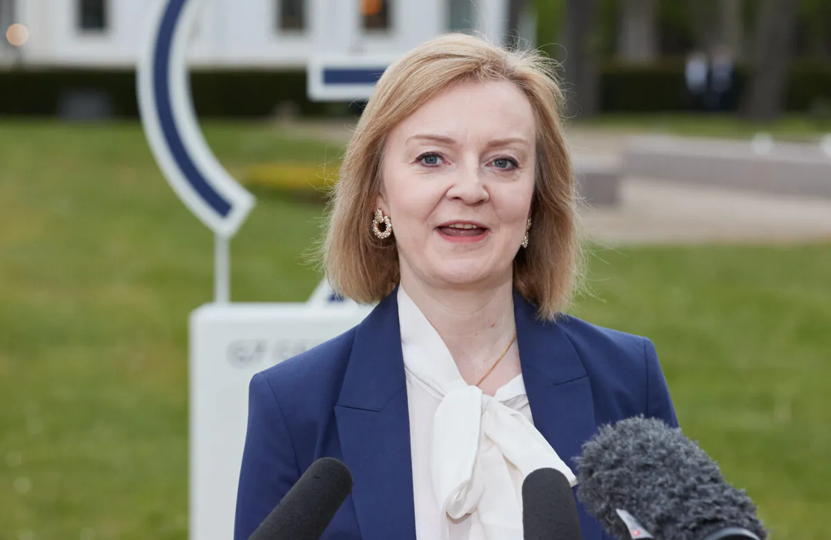 British Foreign Secretary Liz Truss speaks to media during bilateral meetings on the sidelines of the G7 Foreign Ministers Meeting at the Weissenhaus Grand Village Resort near Oldenburg in Holstein, Germany, on May 13, 2022. (Georg Wendt - Pool/Getty Images)