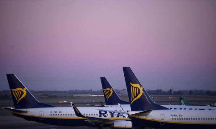 Ryanair aircraft at dawn at Dublin airport Dublin on March 20, 2018. (Clodagh Kilcoyne/Reuters)