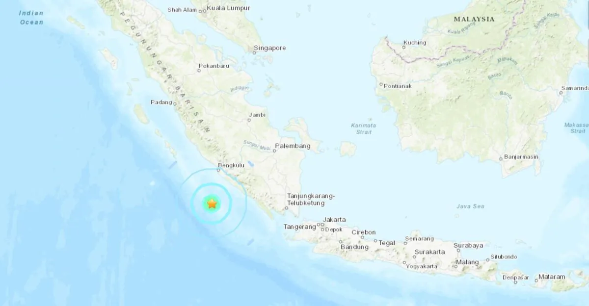 A screenshot from a seismic map shows the location of an earthquake of magnitude 6.1 striking southwest of Sumatra, in Indonesia, on May 16, 2022. (USGS/Screenshot via The Epoch Times)