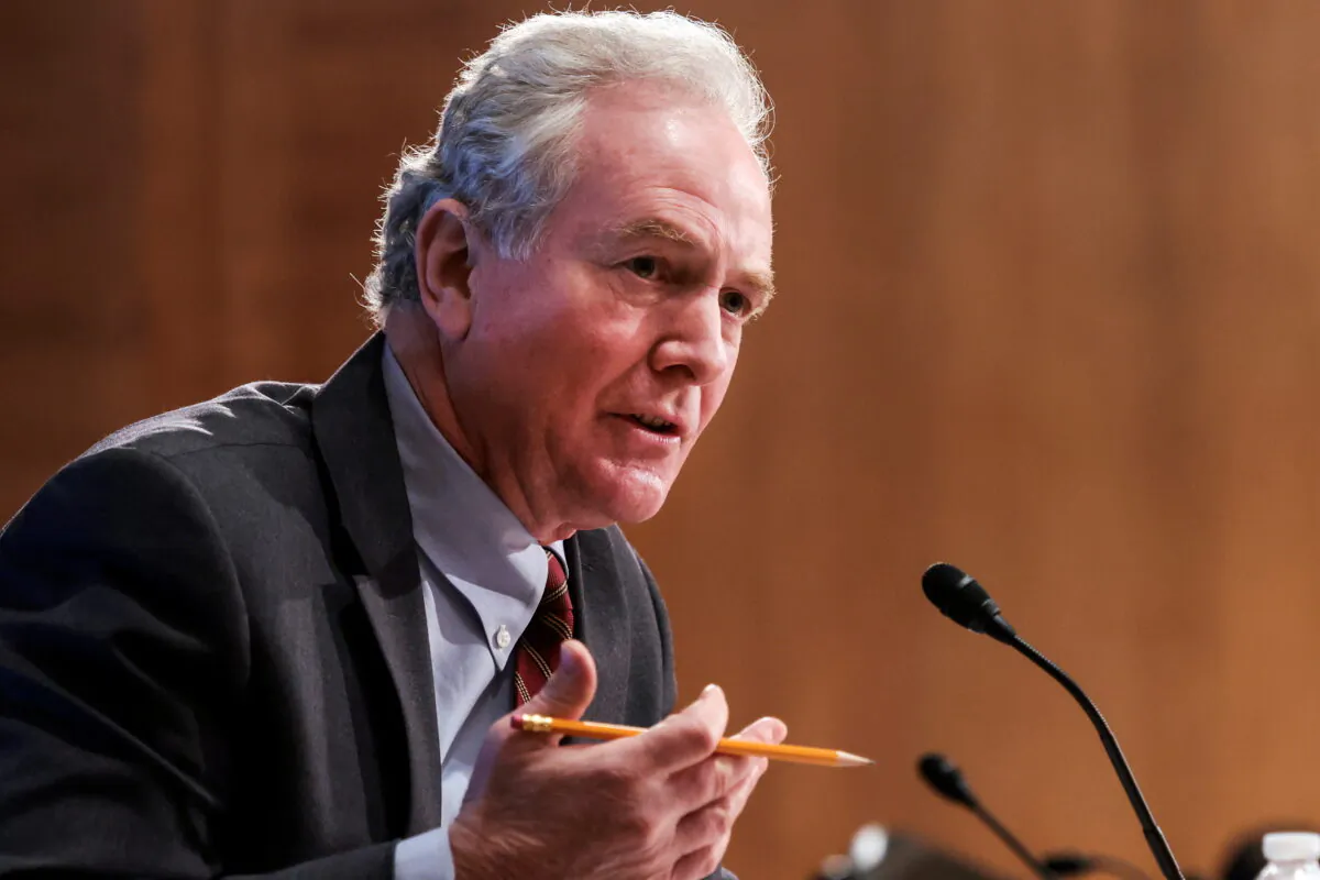 Sen. Chris Van Hollen (D-Md.) speaks in Washington on Feb. 15, 2022. (Win McNamee/Pool via Reuters)