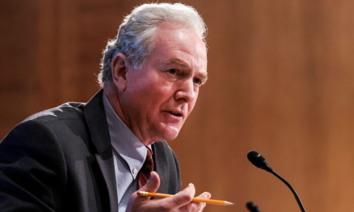 Sen. Chris Van Hollen (D-Md.) speaks in Washington on Feb. 15, 2022. (Win McNamee/Pool via Reuters)